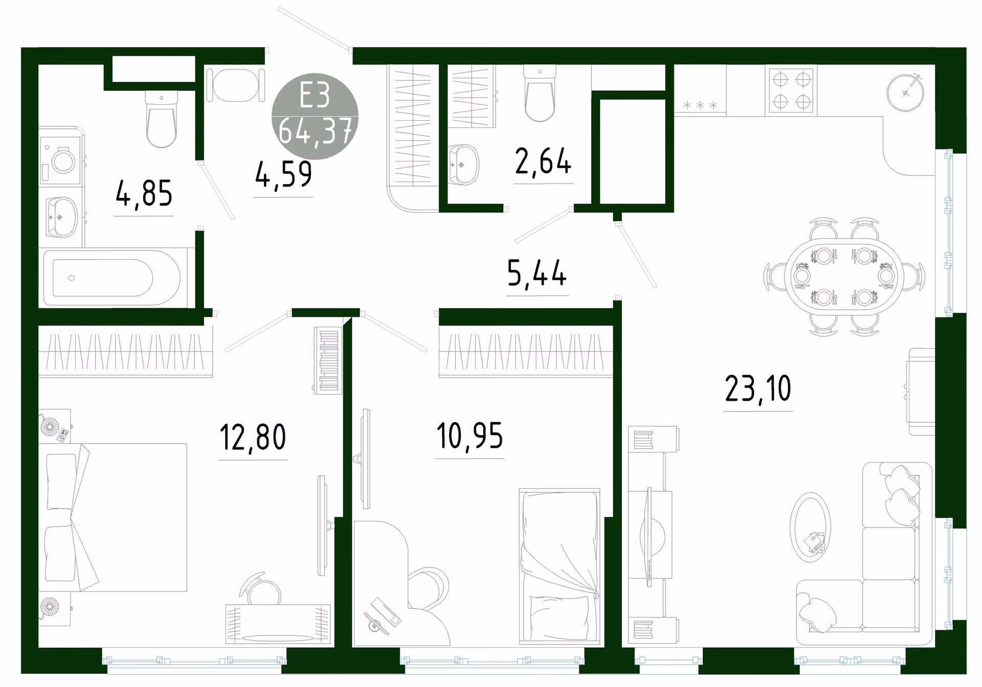 Планировка Квартира с двумя спальнями и гостиной 23 м² (Евро-3)