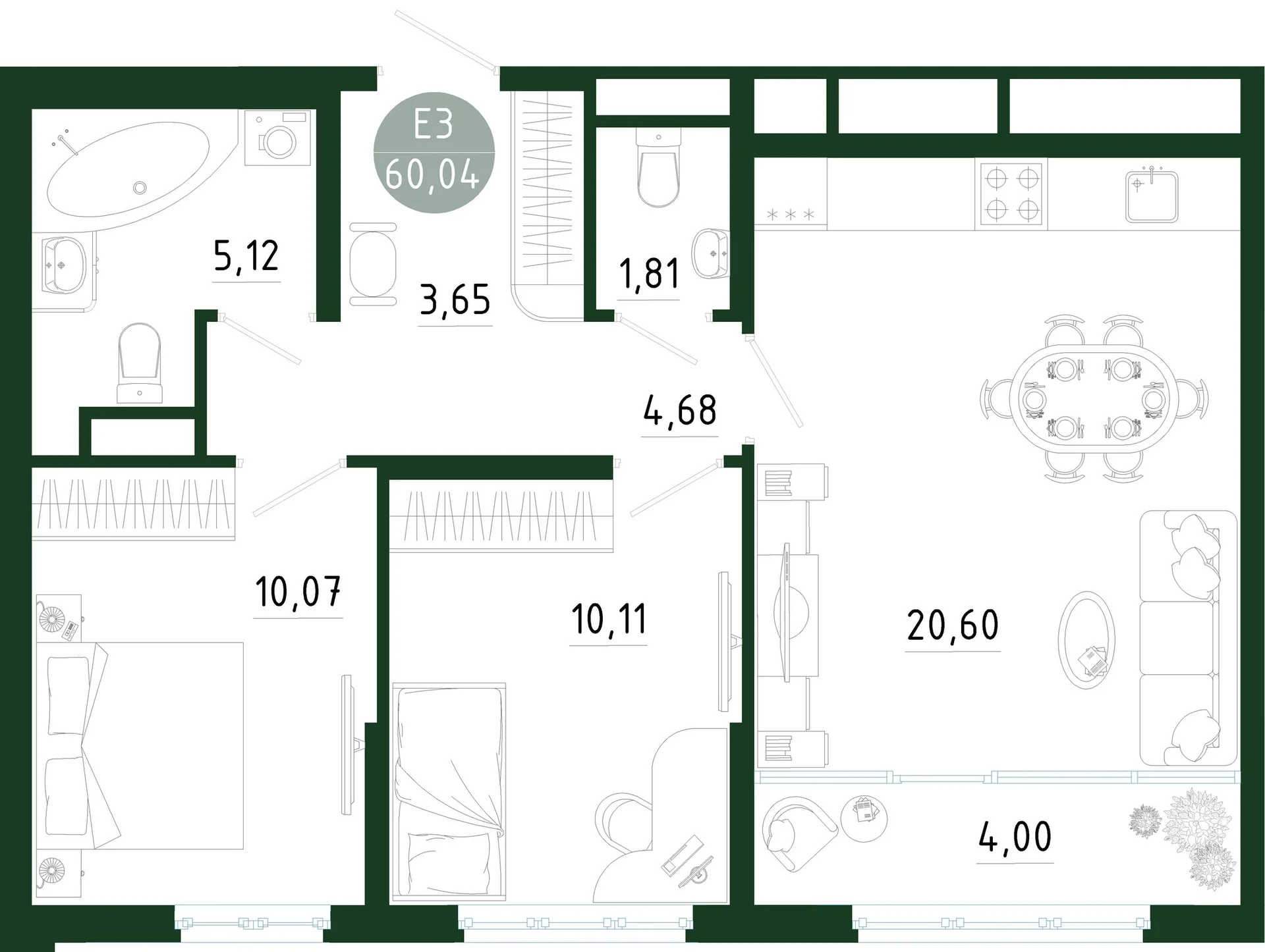 Планировка Квартира с двумя спальнями и гостиной 25 м² (Евро-3)