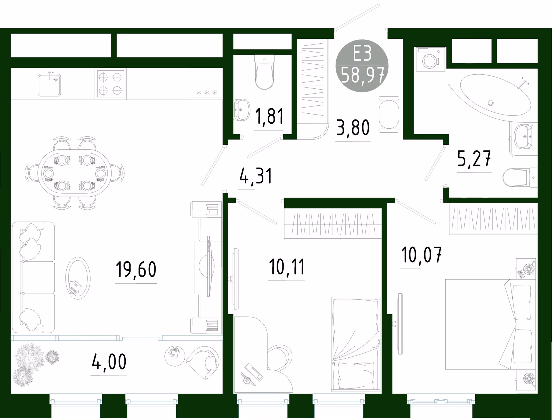 Планировка Квартира с двумя спальнями и гостиной 24 м² (Евро-3)