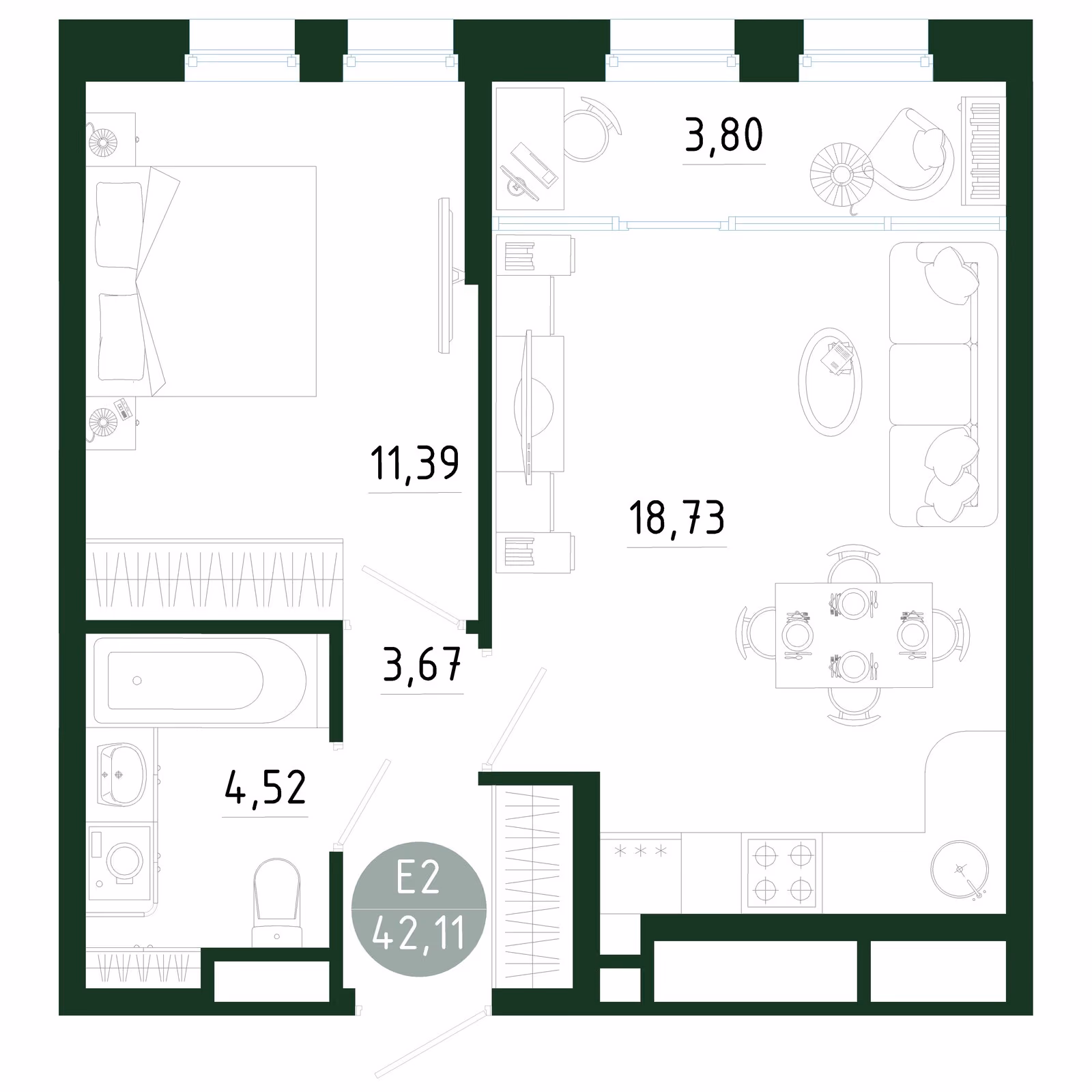 Планировка Квартира с одной спальней и гостиной 23 м² (Евро-2)