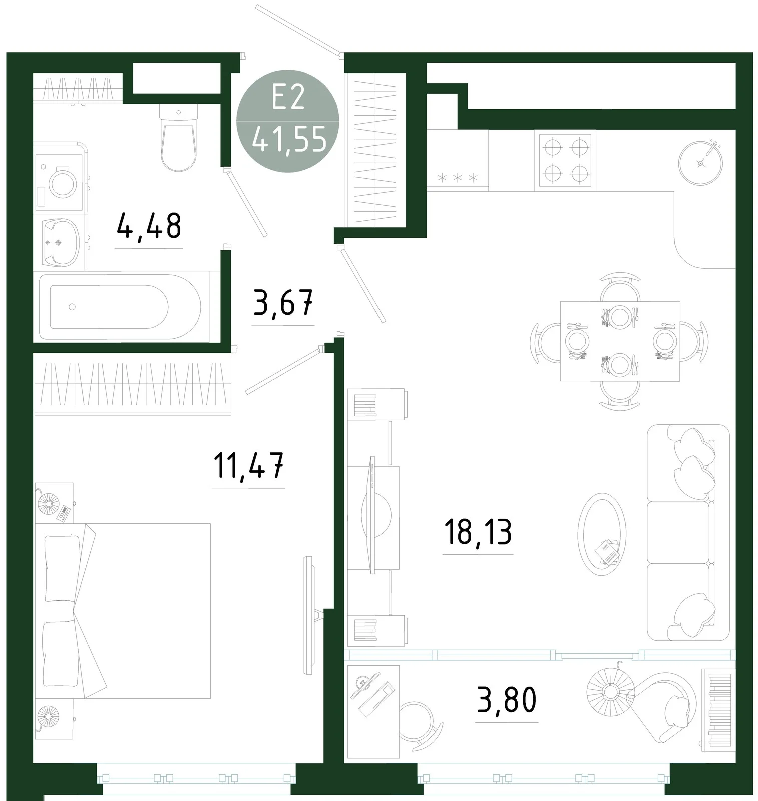 Планировка Квартира с одной спальней и гостиной 22 м² (Евро-2)