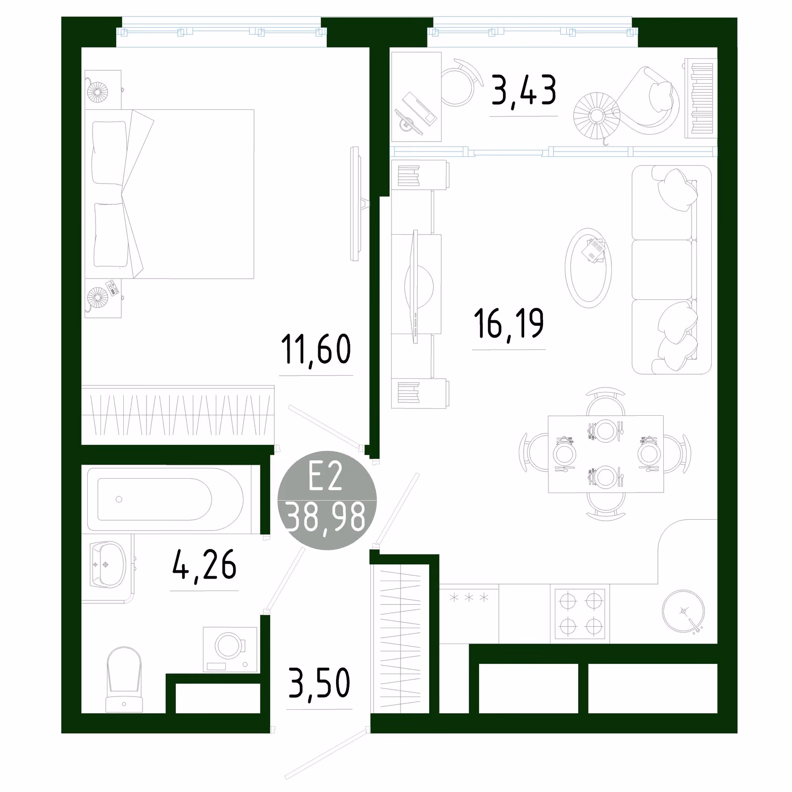 Планировка Квартира с одной спальней и гостиной 20 м² (Евро-2)