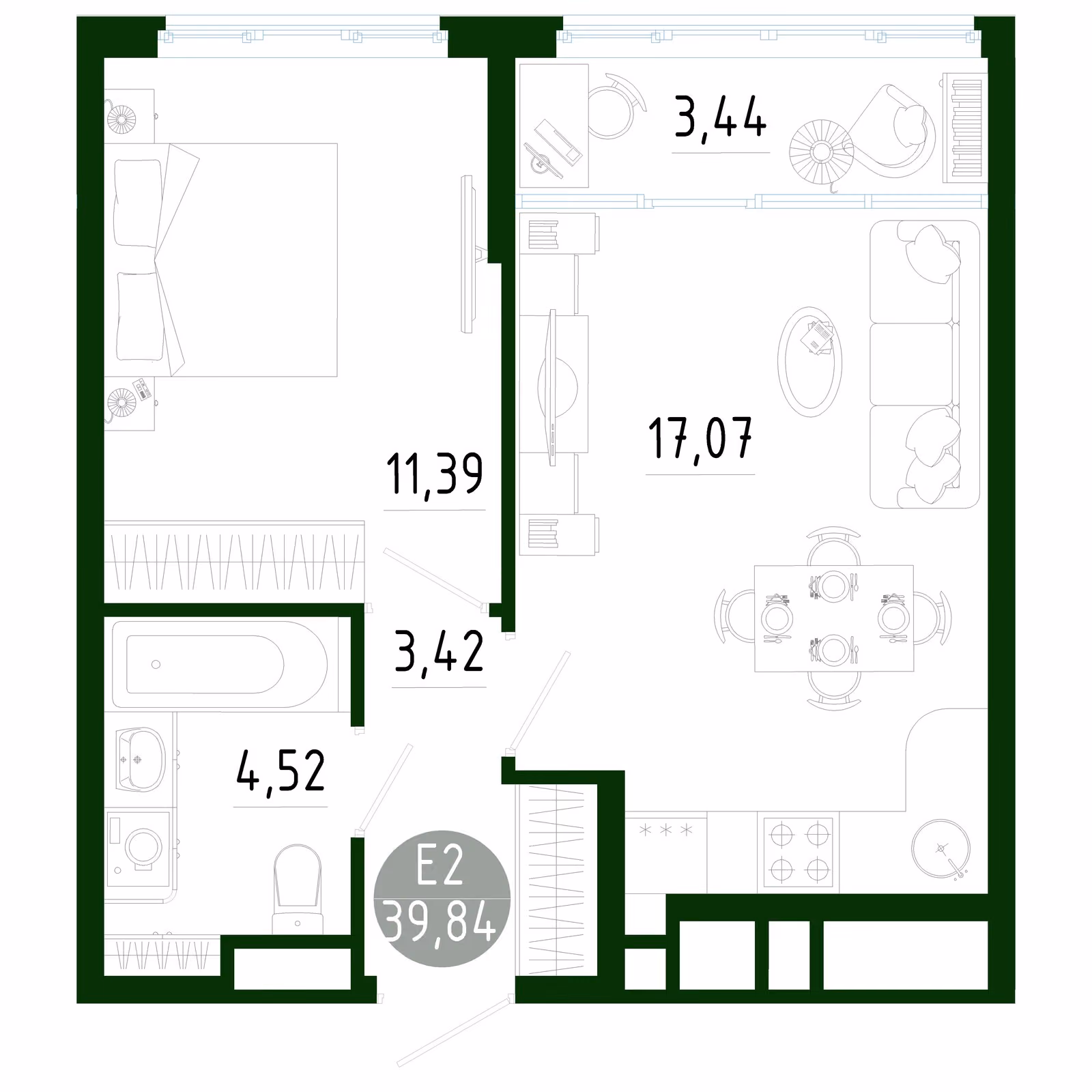 Планировка Квартира с одной спальней и гостиной 21 м² (Евро-2)