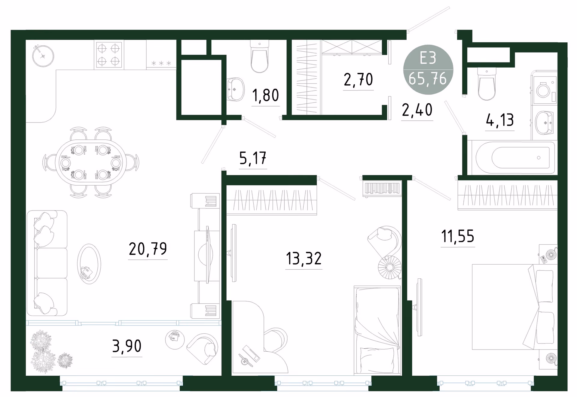 Планировка Квартира с двумя спальнями и гостиной 25 м² (Евро-3)