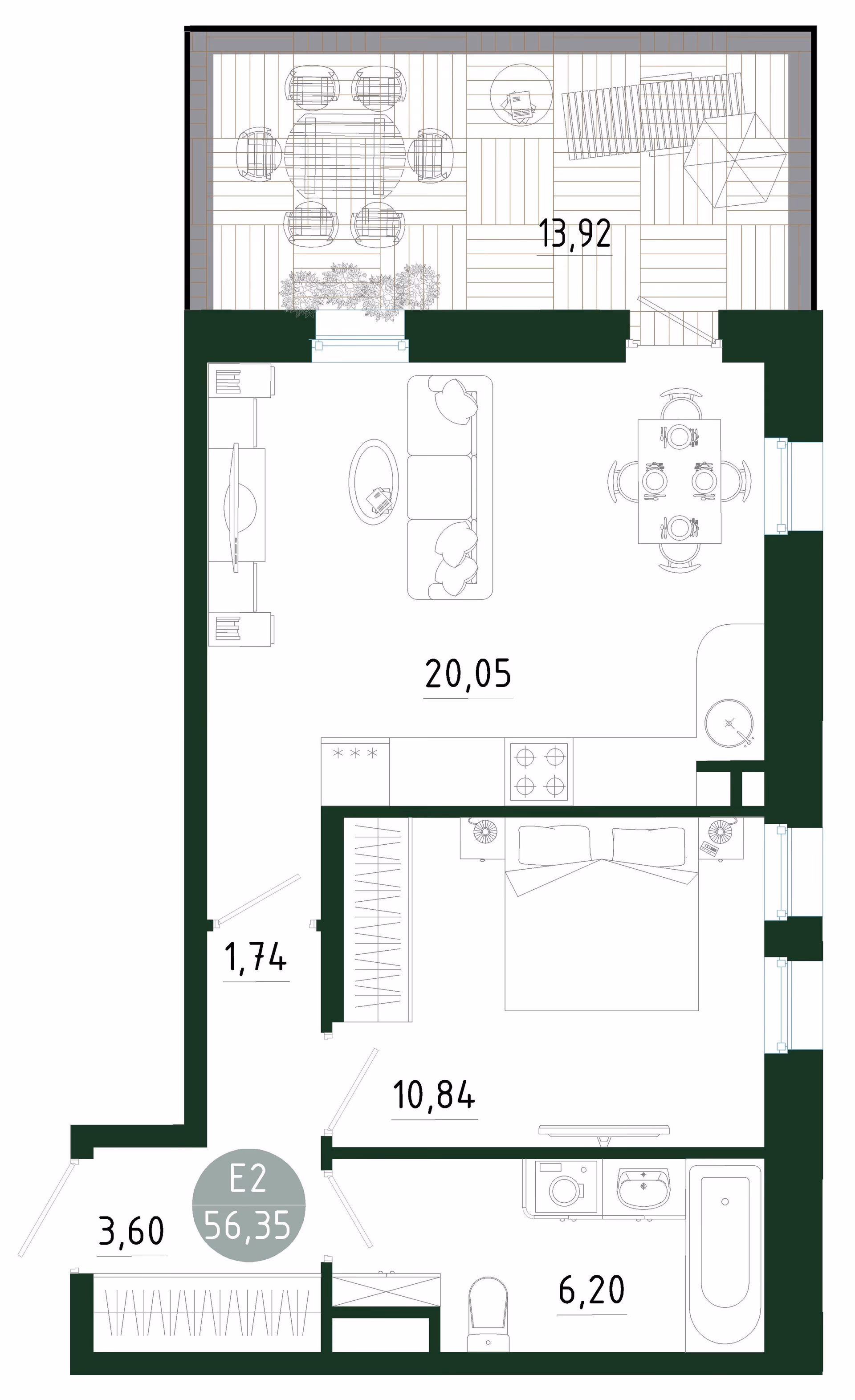 Планировка Квартира с одной спальней и гостиной 20 м² (Евро-2)