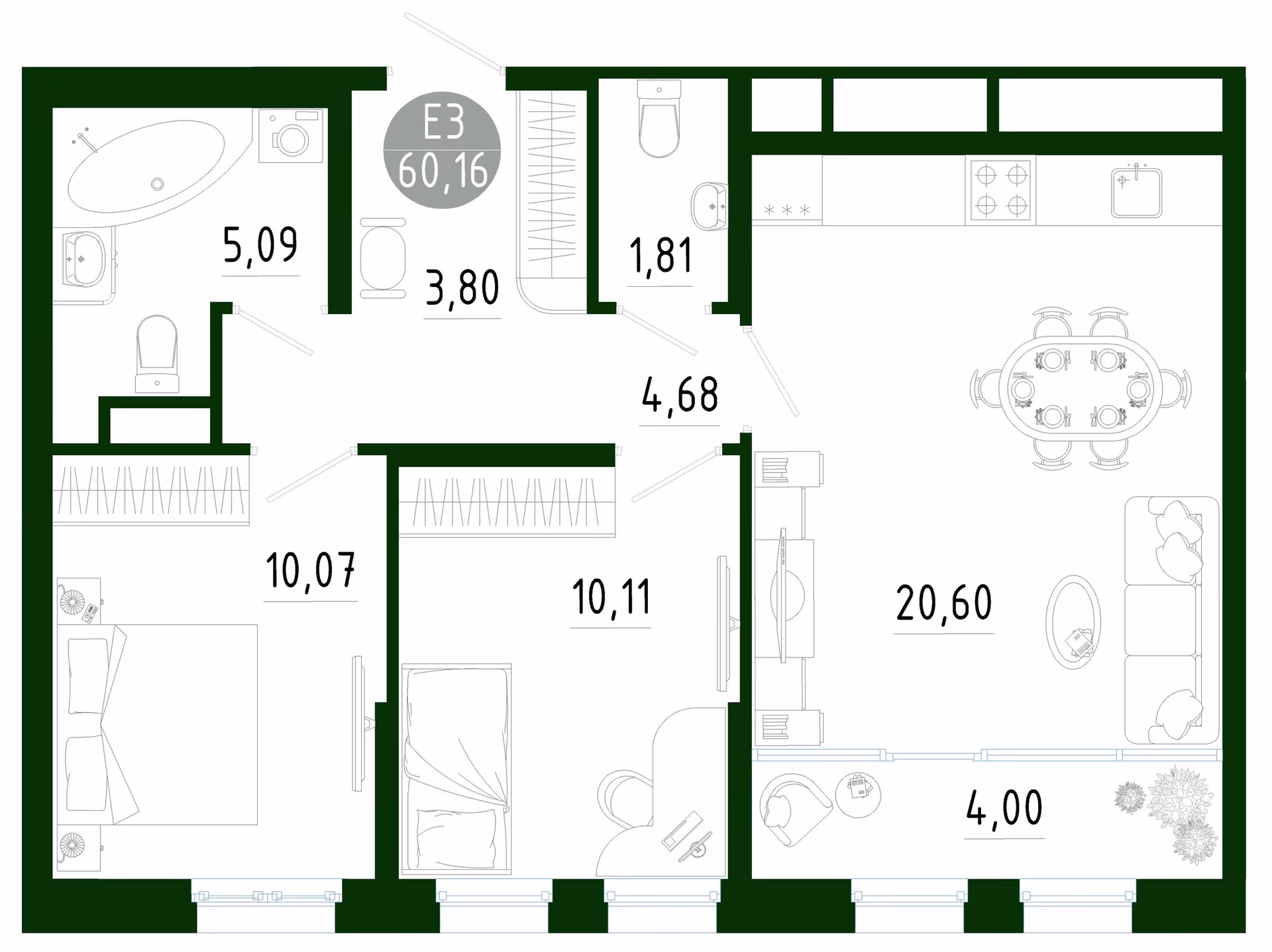 Планировка Квартира с двумя спальнями и гостиной 25 м² (Евро-3)