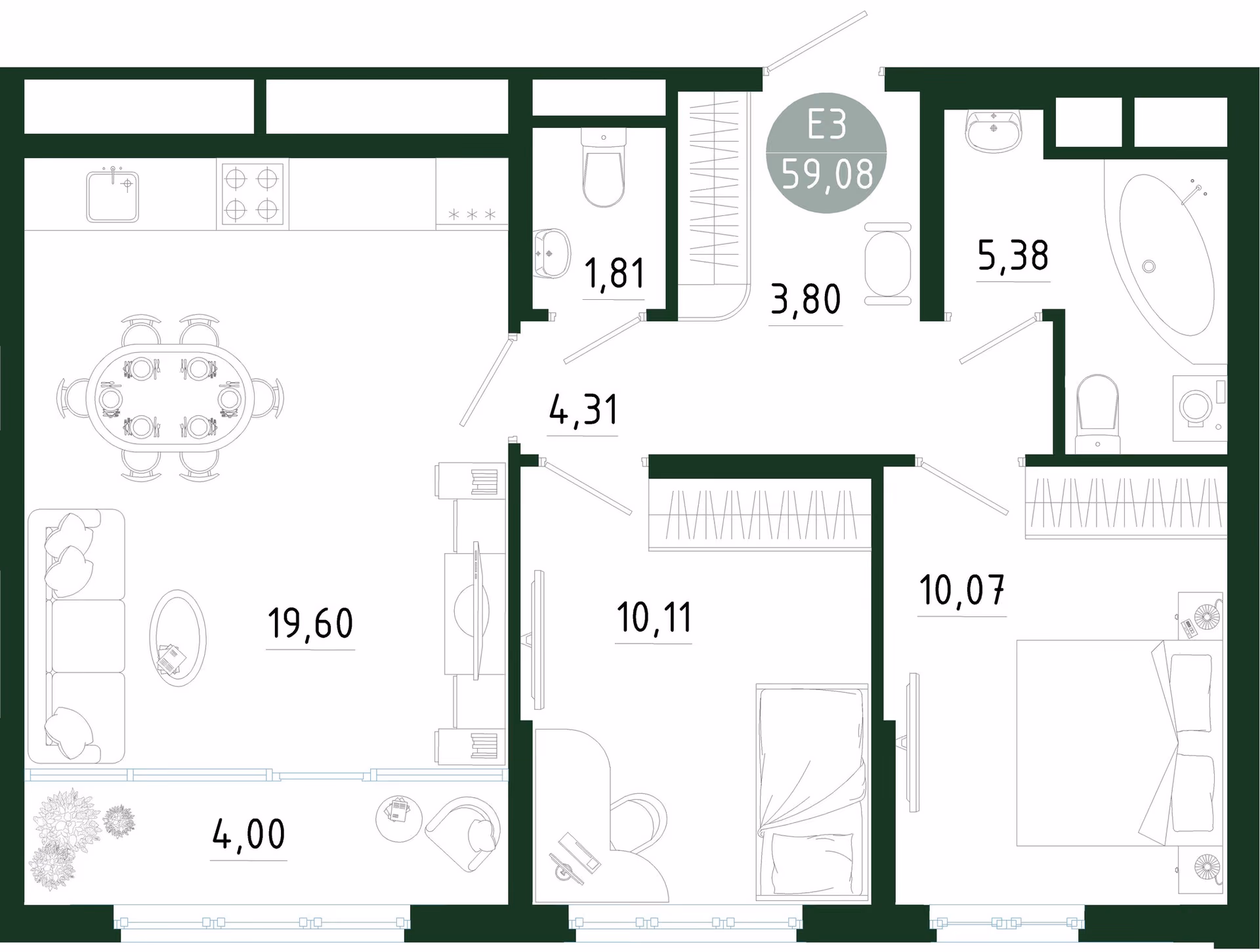 Планировка Квартира с двумя спальнями и гостиной 24 м² (Евро-3)