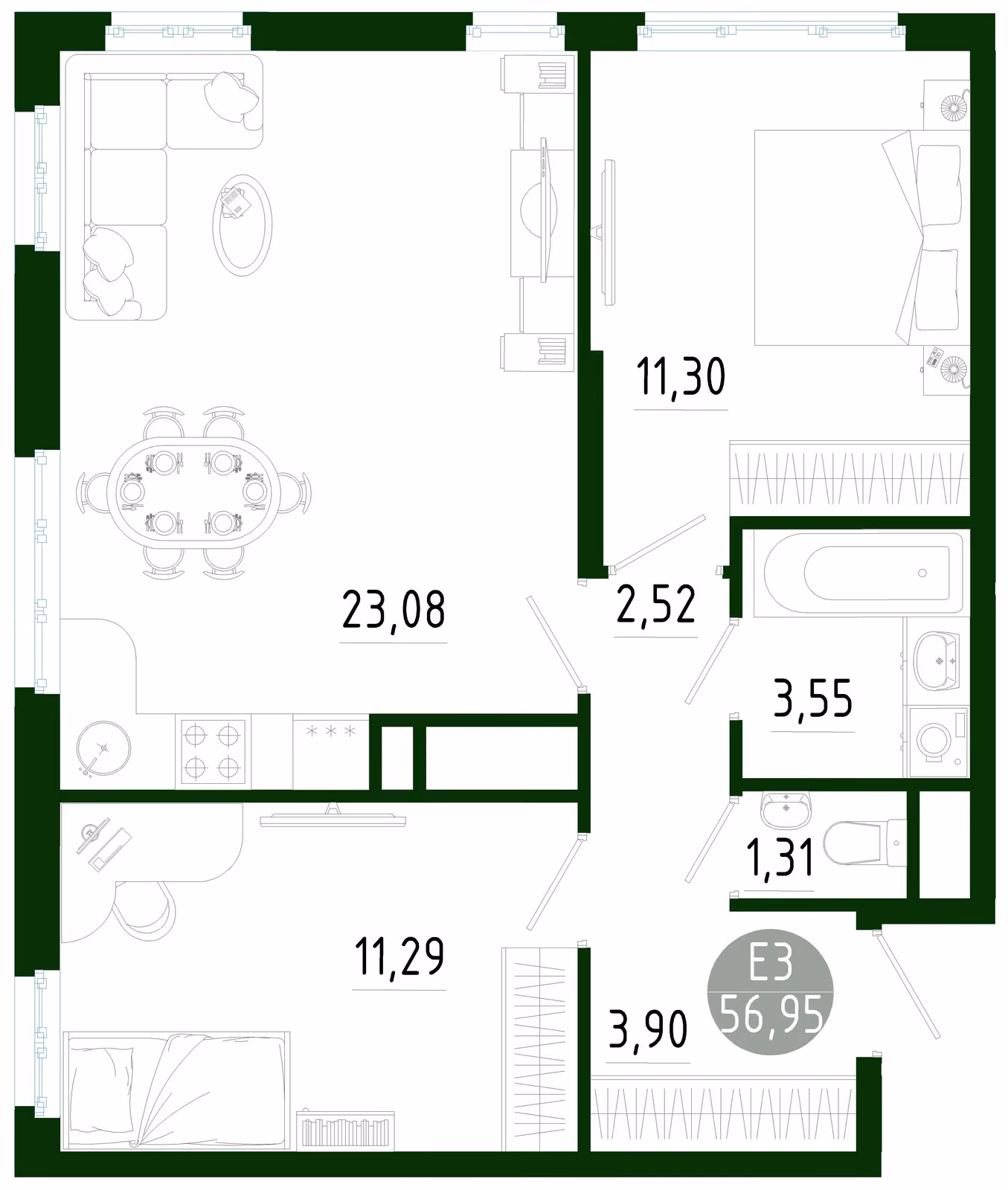 Планировка Квартира с двумя спальнями и гостиной 23 м² (Евро-3)