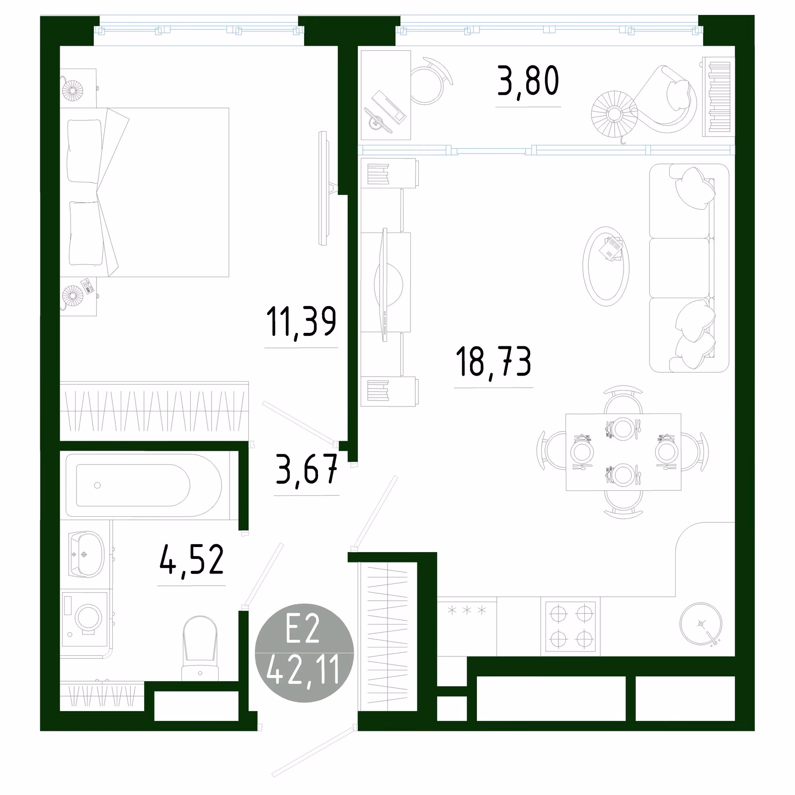 Планировка Квартира с одной спальней и гостиной 23 м² (Евро-2)