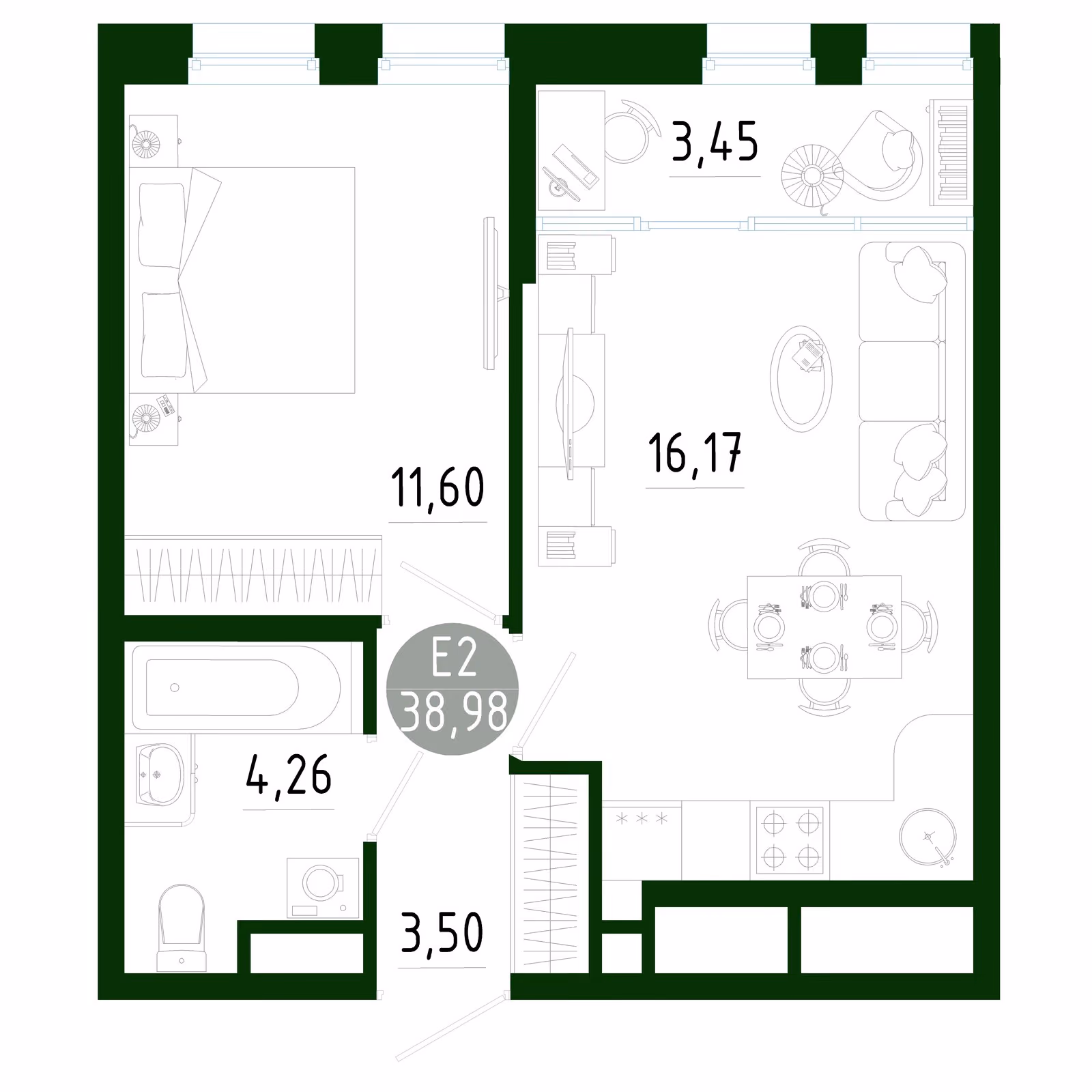 Планировка Квартира с одной спальней и гостиной 20 м² (Евро-2)