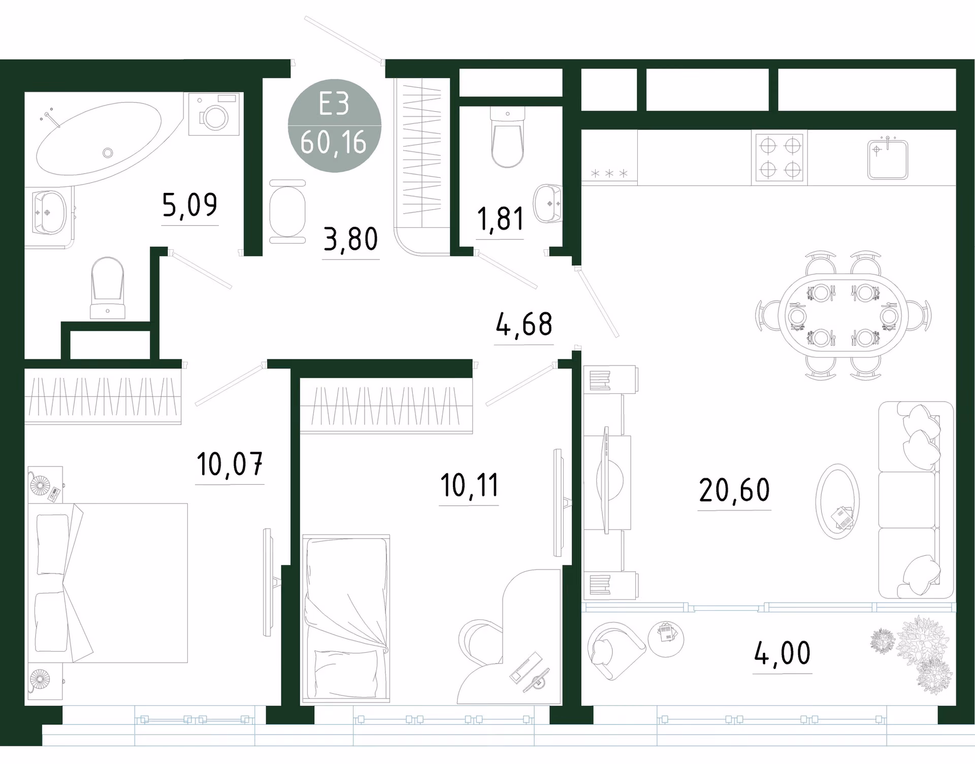 Планировка Квартира с двумя спальнями и гостиной 25 м² (Евро-3)