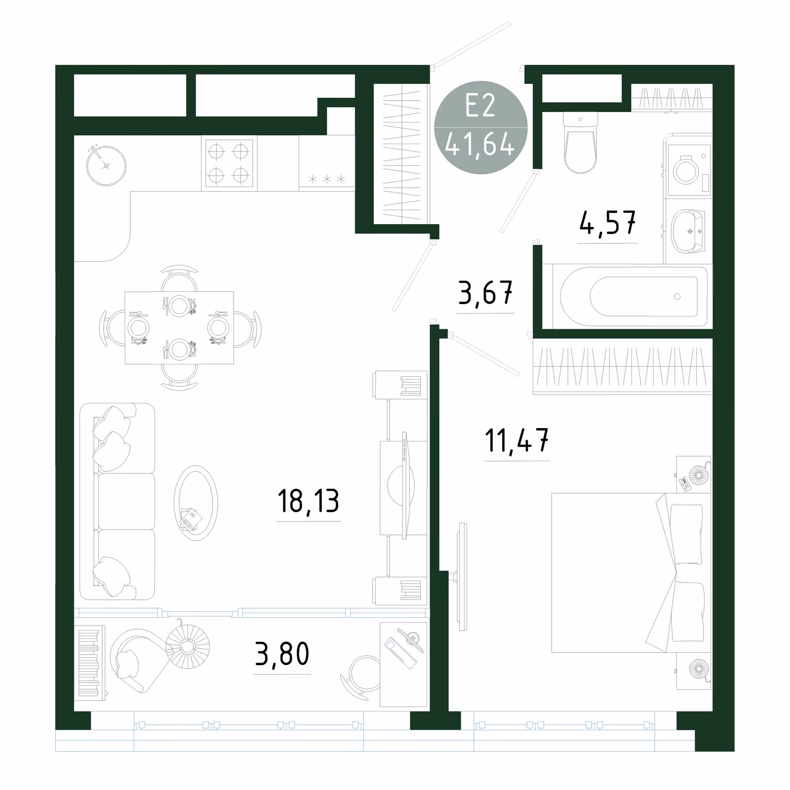 Планировка Квартира с одной спальней и гостиной 22 м² (Евро-2)