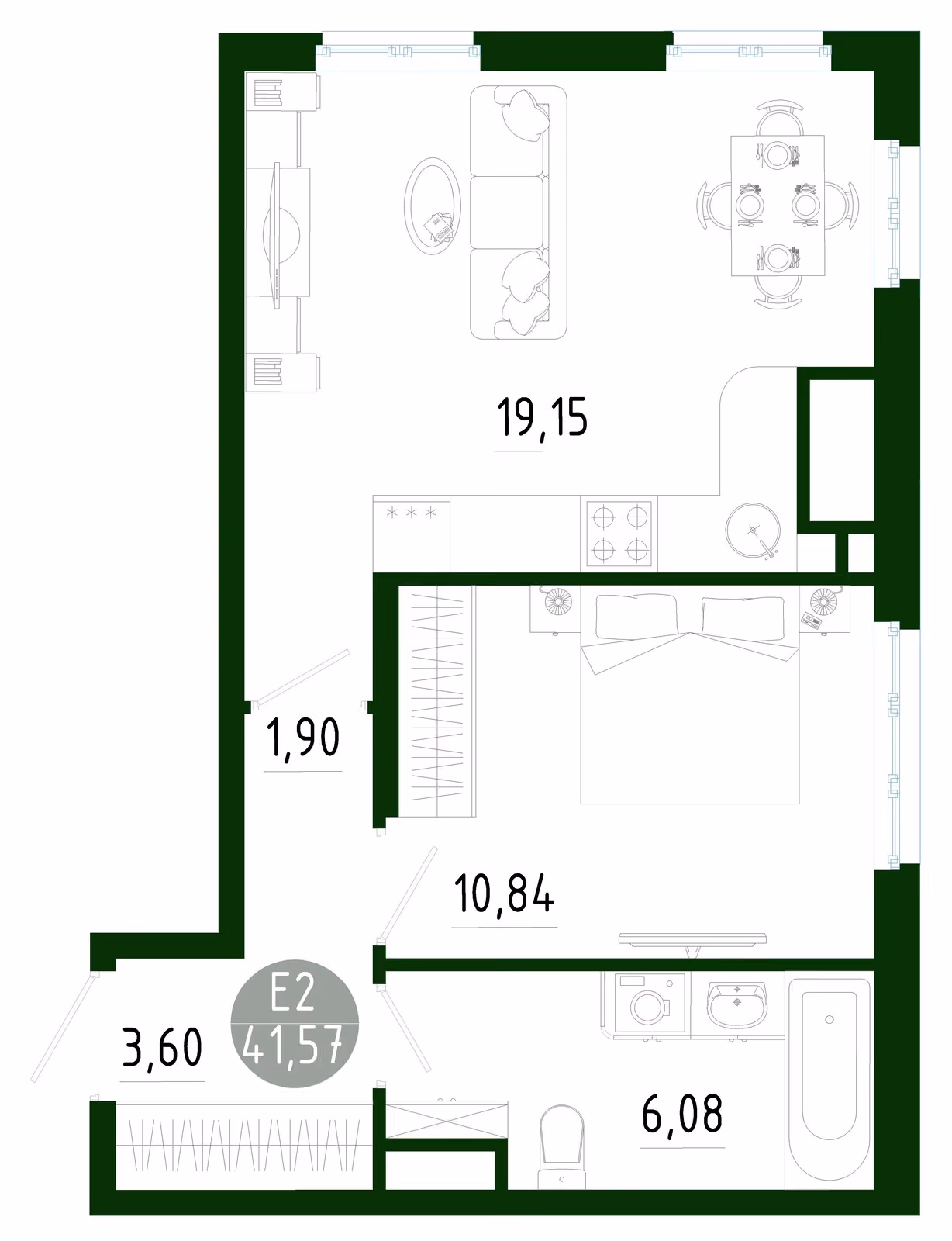 Планировка Квартира с одной спальней и гостиной 19 м² (Евро-2)