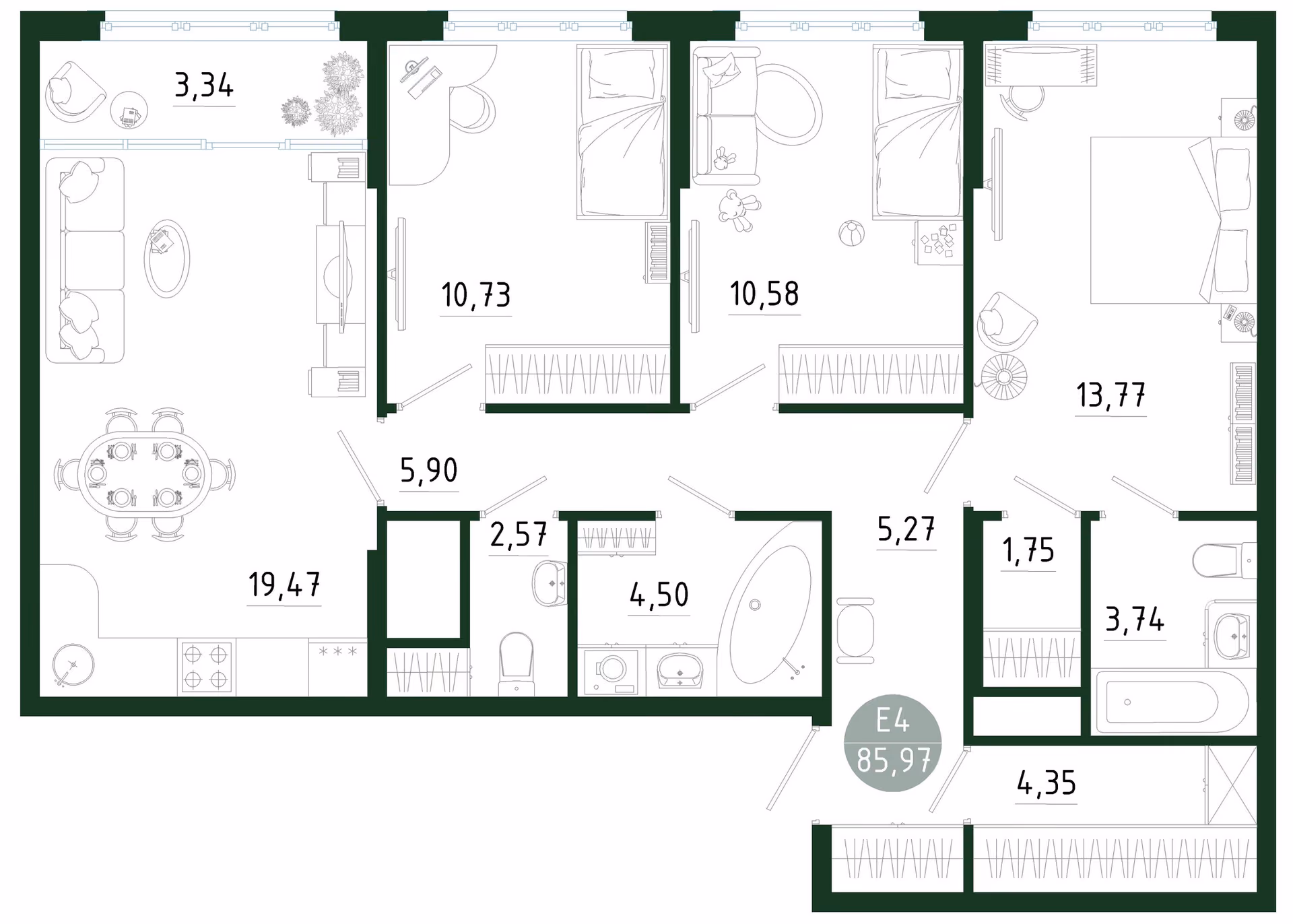 Планировка Квартира с тремя спальнями и гостиной 23 м² (Евро-4)