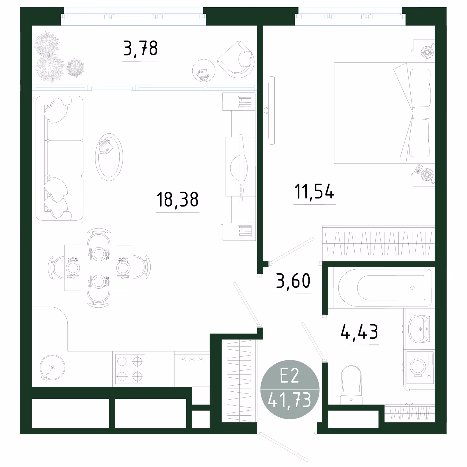Планировка Квартира с одной спальней и гостиной 22 м² (Евро-2)